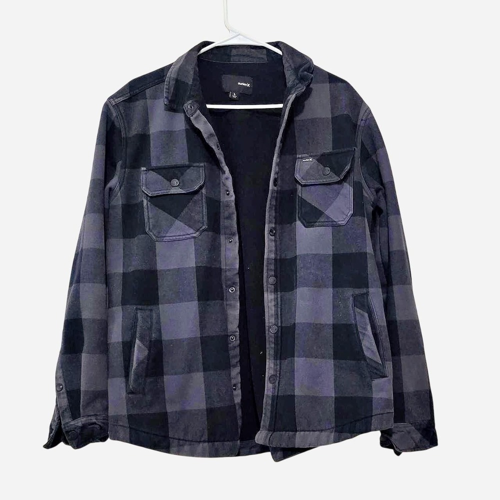 Hurley Black & Gray Plaid Fleece Lined Jacket Heavyweight black and gray